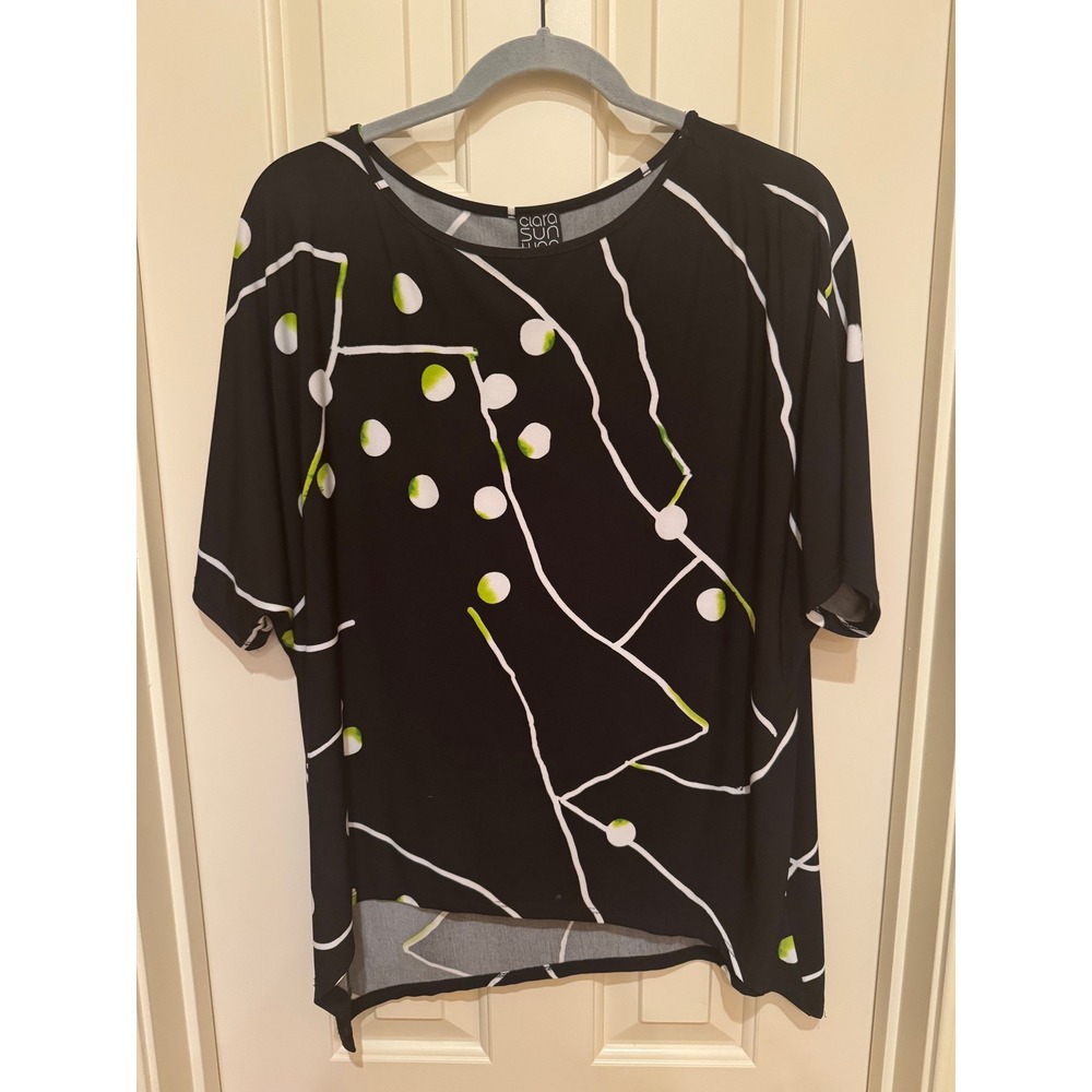 Clara Sunwoo Tunic Top Womens Medium Black Abstract Polka Dot Geometric